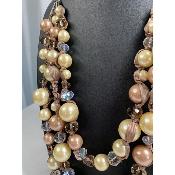 Triple Strand Faux Pearl, Crystal Bead & Ribbon Necklace - Ivory/Pink - Picture 2 of 12